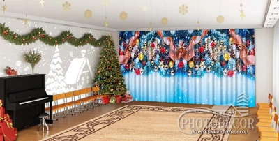 Новогодние Фото Шторы в детский сад PHOTODECOR "Елочные ламбрекены на снегу"