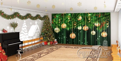 Новогодние Фото Шторы в детский сад PHOTODECOR "Ветви елки и игрушки на зеленом фоне"