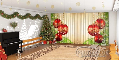 Новогодние Фото Шторы в детский сад PHOTODECOR "Новогодние красные игрушки"