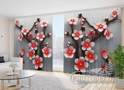 Фото Шторы PHOTODECOR "Красное Цветочное дерево" 1 кв.м.