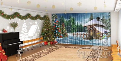 Новогодние Фото Шторы в детский сад PHOTODECOR "Елки и снеговик в лесу" 1 кв.м