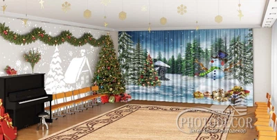 Новогодние Фото Шторы в детский сад PHOTODECOR "Снеговик в лесу"