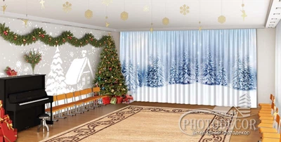 Новогодние Фото Шторы в детский сад PHOTODECOR "Заснеженные елки в лесу"