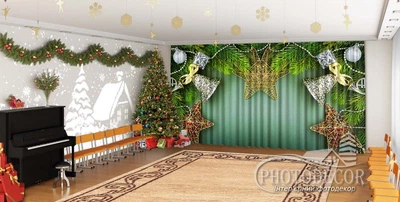 Новогодние Фото Шторы в детский сад PHOTODECOR "Ветки ели с новогодними игрушками"