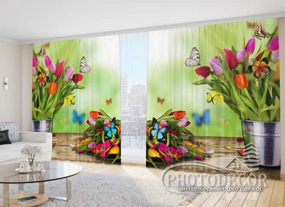Фото Штори PHOTODECOR "Букети тюльпанів з метеликами"