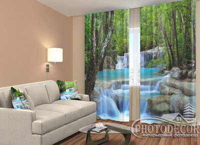 Фото Штори PHOTODECOR "Блакитний водоспад на каменях в лісі"