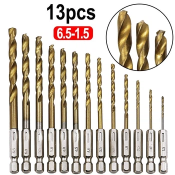 Сверла HSS с титановым покрытием хвостовик 1/4” 1.5-6.5 мм набор 13 шт