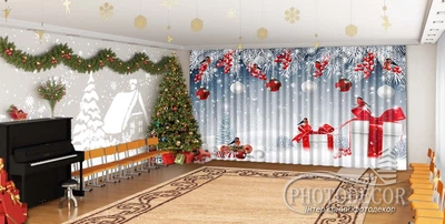 Новогодние Фото Шторы в детский сад PHOTODECOR "Подарки с игрушками, Снегири и калина"