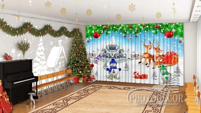 Новогодние Фото Шторы в детский сад PHOTODECOR "Дед Мороз и Снеговики в городе"