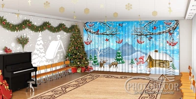 Новогодние Фото Шторы в детский сад PHOTODECOR "Снегири и олени"