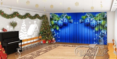 Новогодние Фото Шторы в детский сад PHOTODECOR "Новогодние игрушки с колокольчиками"