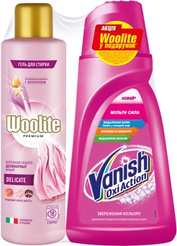 Пятновыводитель жидкий для тканей Vanish Oxi Action 1 л + Гель для стирки Woolite Premium Delicate 900 мл (4820232970638) 