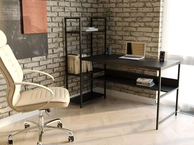 Стол компьютерный письменный с металлическим каркасом в стиле Лофт (Loft) DrevoGoods с полкой под системный блок усиленный, прямой, рабочий для дома и офиса 1600х750х600мм; металл: Черный; дерево: Черный + стеллаж (810|61)
