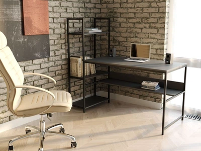 Стіл комп'ютерний письмовий з металевим каркасом в стилі Лофт (Loft) DrevoGoods з полицею під системний блок посилений, прямий, робочий для дому та офісу 1000х750х600мм; метал: Чорний; дерево: Антрацит + стелаж (790|61)