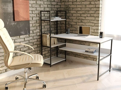 Стол компьютерный письменный с металлическим каркасом в стиле Лофт (Loft) DrevoGoods с полкой под системный блок усиленный, прямой, рабочий для дома и офиса 1600х750х600мм; металл: Черный; дерево: Белый + стеллаж (809|61)
