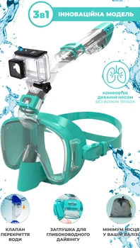 Маска для плавания 3 в 1 VelaSport Pro Wave L/XL для Снорклинга и Дайвинга на все лицо для ныряния Инновационная Очки с Клапаном детские и взрослые Зеленая