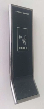Замок мебельный электронный с фиксированным RFID доступом EM7380 с узким металлическим черненным фронтальным корпусом с загнутой нижней частью в форме ручки