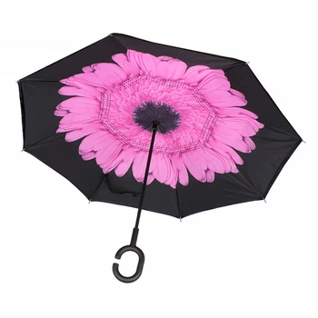 Зонт двусторонний ветрозащитный обратное сложение Lesko Up-Brella Розовий Цветок Black/Pink