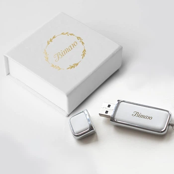 USB флешка кожаная белая на 8Гб и коробка подарочная Поздравительная LSite(NLZ1white)