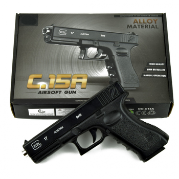 Детский спринговый металлический пистолет C.15A (Glock 17), Глок 17 , пистолетдля игры в страйкбол на пульках