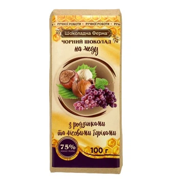 Шоколад черный Шоколадна Ферма на меду с изюмом и лесными орехами 100 г