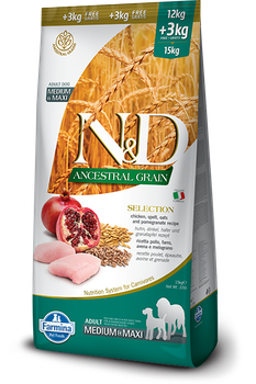 Низкозерновой сухой корм для взрослых собак N&D LOW GRAIN DOG CHICKEN & POMEGRANATE ADULT (курица/гранат), 15 кг
