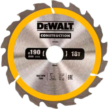 Диск пильный DeWalt по дереву 190 мм 18 (DT1943)