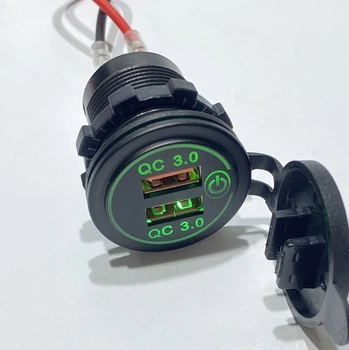 Автомобильная быстрая USB зарядка врезная на 2 USB 12-24В, QC 3.0, 36Вт, Зеленая (31506)