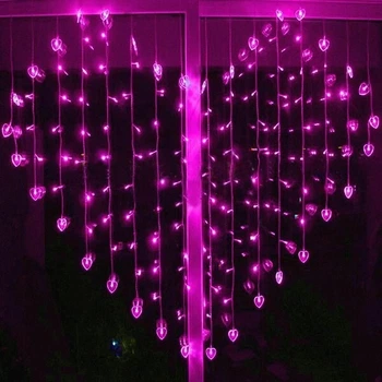 Гирлянда штора светодиодная в форме Сердца с фигурками сердечек 2*1,5м LED DL Сиреневая 1000-XR-3 F