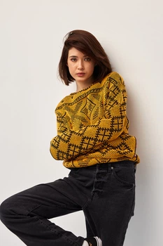 Джемпер oversize в українському стилі Заріна гірчичний, One Size