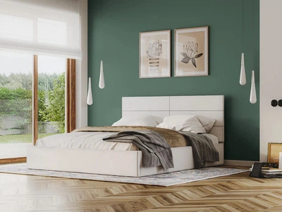 Кровать двуспальная из ДСП с мягким изголовьем 160x200 Каролина 3 искусственная кожа Flay светло-серый Світ Меблів с подъемным механизмом и каркасом (без матраса)