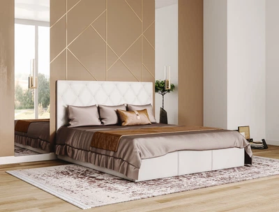 Кровать двуспальная из ДСП с мягким изголовьем 160x200 Каролина 2 искусственная кожа Flay светло-серый Світ Меблів с металлическим каркасом (без матраса)
