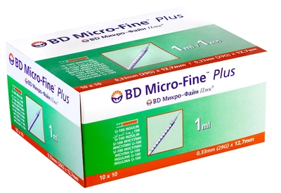 Шприц инсулиновый Becton Dickinson BD Micro-Fine 1 мл U-100 29G 0.33 x 12.7 мм (320909 Ш Ю100 1 29) №100