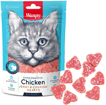 Лакомство для котов Wanpy Chicken Jerky Codfish Hearts Сердечки с курицей и треской 80 г (6927749811350)