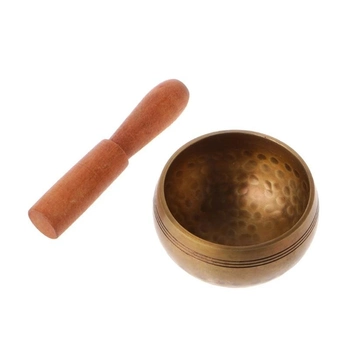 Тибетская металлическая золотистая поющая чаша с деревянным пестиком, диаметр 8 см