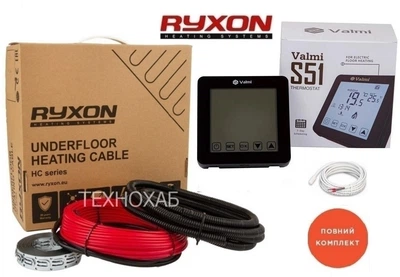 Кабельный теплый пол Ryxon 3м²-3,8м²/ 600Вт (30м) электрический тонкий нагревательный кабель под плитку 20Вт/м с сенсорным программируемым терморегулятором Valmi S51