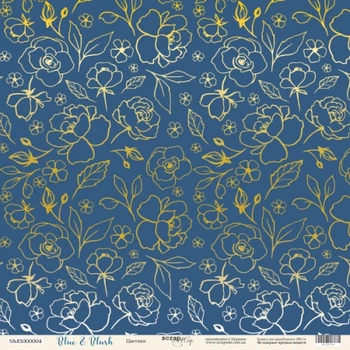 Лист односторонней бумаги с золотым тиснением, ScrapMir 30x30 Цветики - Blue & Blush, артикул SM5000004