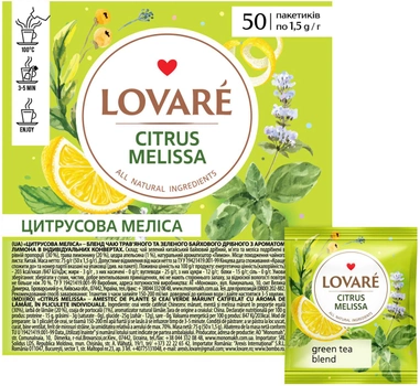 Бленд чаю трав'яного та зеленого Lovare "Citrus Melissa" з натуральним ароматом лимона 50 пакетиків в індивідуальних конвертах (4820198877637)