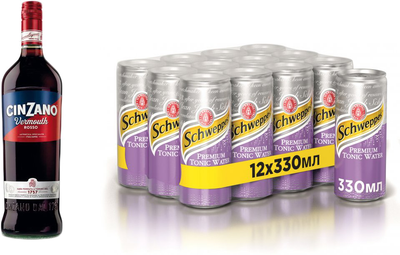 Вермут Cinzano Rosso солодкий 1 л 15% + Schweppes Premium Tonic Water 330 мл х 12 шт