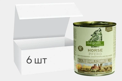 Упаковка вологого корму для собак isegrim adult steppe конина з чорноплідною горобиною, печерицями та дикими травами 800г 6шт
