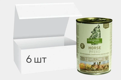 Упаковка вологого корму для собак isegrim adult steppe конина з чорноплідною горобиною, печерицями та дикими травами 400г 6шт