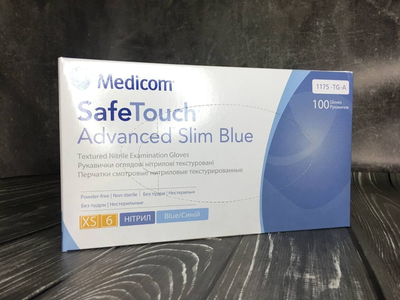 Рукавички нітрилові нестерильні непудровані Medicom SafeTouch Advanced Slim Blue XS 10 уп по 100 шт сині