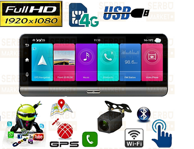 Видеорегистратор на торпеду 8" 4G Sim GPS WIFI Android Bluetooth Hand Free Full HD DVR K8 Plus с камерой заднего вида