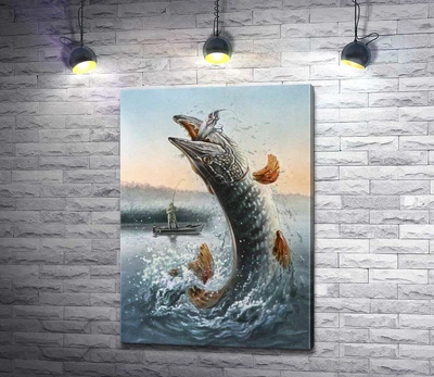 Картина Щука вистрибнула з води, ловлячи приманку 42x60 см Модуль №1 (001218)
