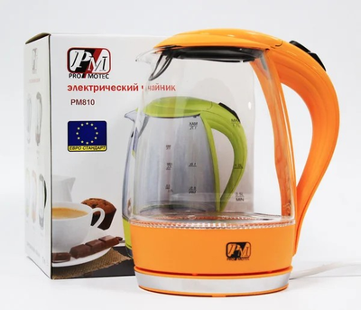 Скляний електрочайник Promotec PM-810. Помаранчевий