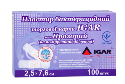 Пластир бактерицидний IGAR Прозорий (на поліуретановій основі) 2,5 x 7,6 см 100 шт.