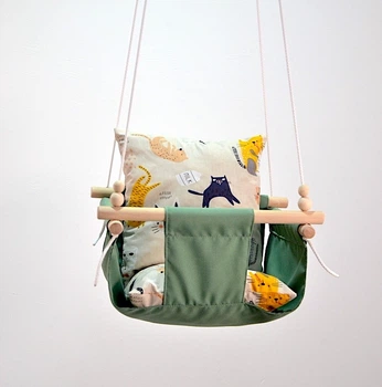 Детская качеля подвесная Infancy Котики из натурального дерева оливковая тканевая основа от 7 месяцев до 5 лет