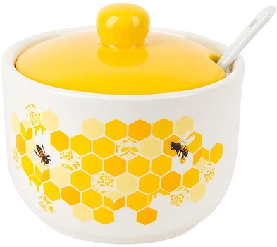 Керамическая сахарница с керамической ложкой Sweet Honey 450мл, белая с желтым (BD-DM788-HN)