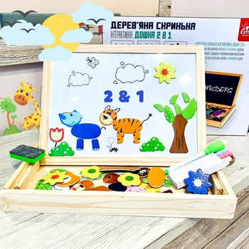 Дитяча двостороння дошка з набором магнітів Fun Game магніти, крейди, фломастер, губка 82146