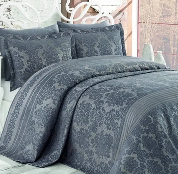 Винтажное жаккардовое двустороннее покрывало с наволочками Dantela Vita SİMAY ANTRASIT 260х260см синий